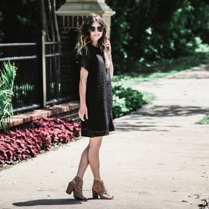 Shift Style Black Dress with Woven Textured Fabric